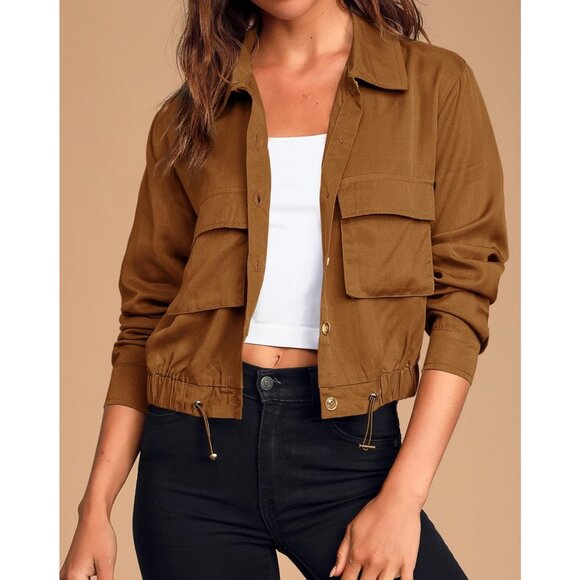 Women's Dark Brown Military Safari Cropped Jackets Button Down Lightweight - Picture 2 of 4